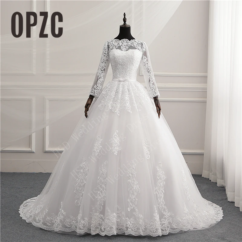 

Luxury Appliques Wedding Dress Gown Long Sleeve Lace Bridal Pure White 2018 Sweet vestido de noiva lace Customise Made Plus Size