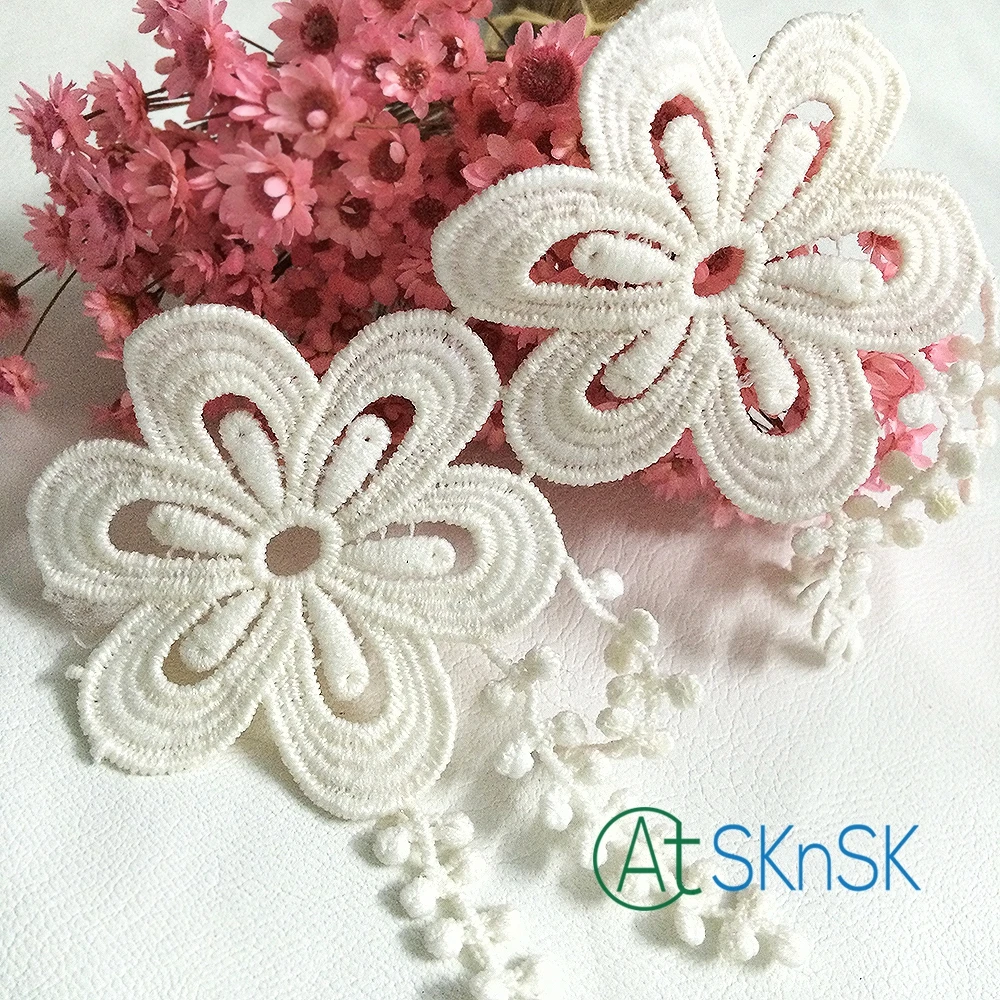 

10 Yards/lot Beige flower tassels cotton lace fabric trim for DIY dress accessory and bag decoration A2