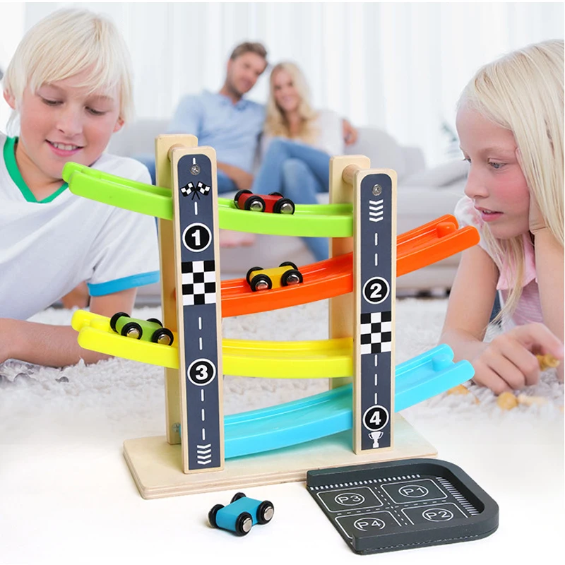 

Baby Kids Wooden Ladder Gliding Car Wooden slot Track Car Toys Educational Model to Slide toy for children boy Christmas gifts