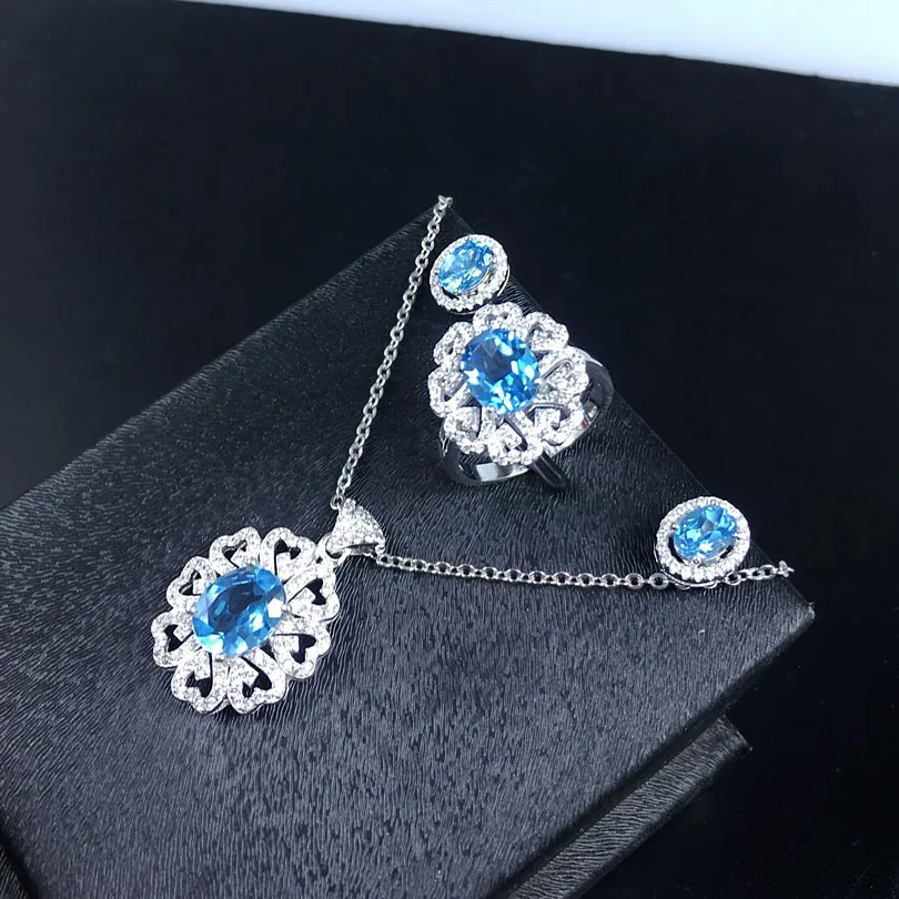 Для женщин Природный Голубой топаз Gem Jewelry комплект Твердые стерлингового серебра 925 натурального камня Цепочки и ожерелья Серьги кольцо, кулон