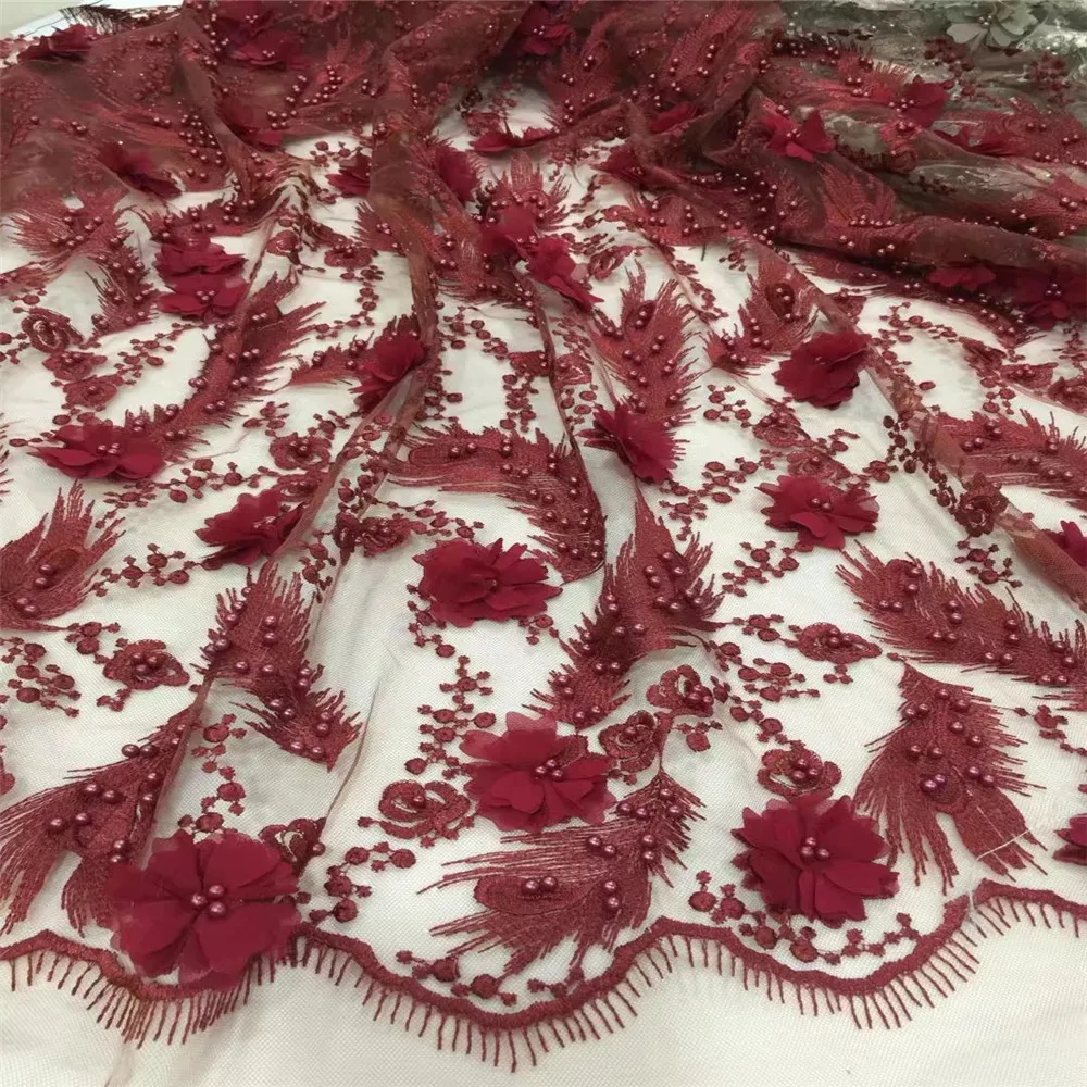 

African Lace Fabric 2018 3D Appliques Fabric High Quality Beaded Lace Fabric African French Tulle Lace For Wedding G214-2