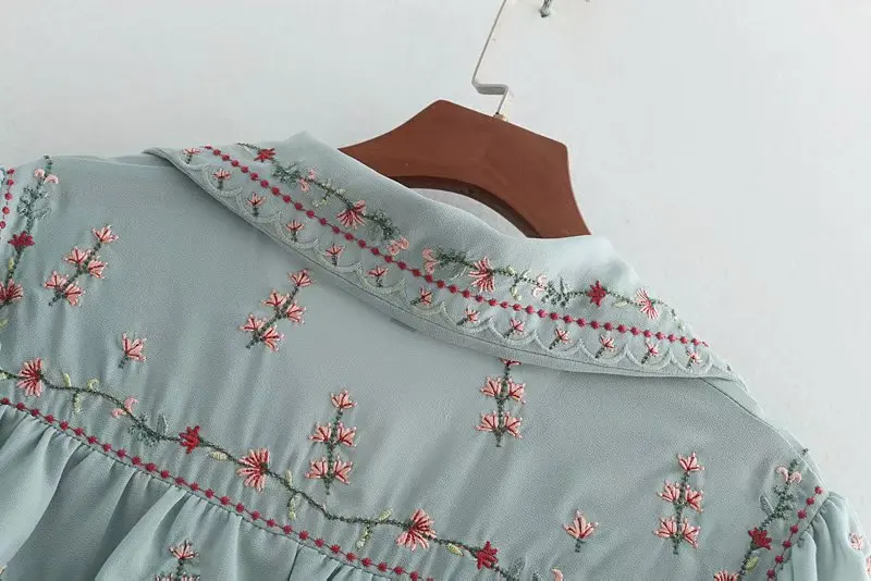Женщин Хай-стрит элегантный ламинированный оборками Цветочная вышивка шифоновая блузка женская рубашка шик femininas blusas топы LS2500