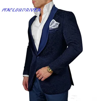 

2017 navy blue mens floral blazer designs mens paisley blazer slim fit suit jacket men wedding tuxedos men suits (jacket pants)