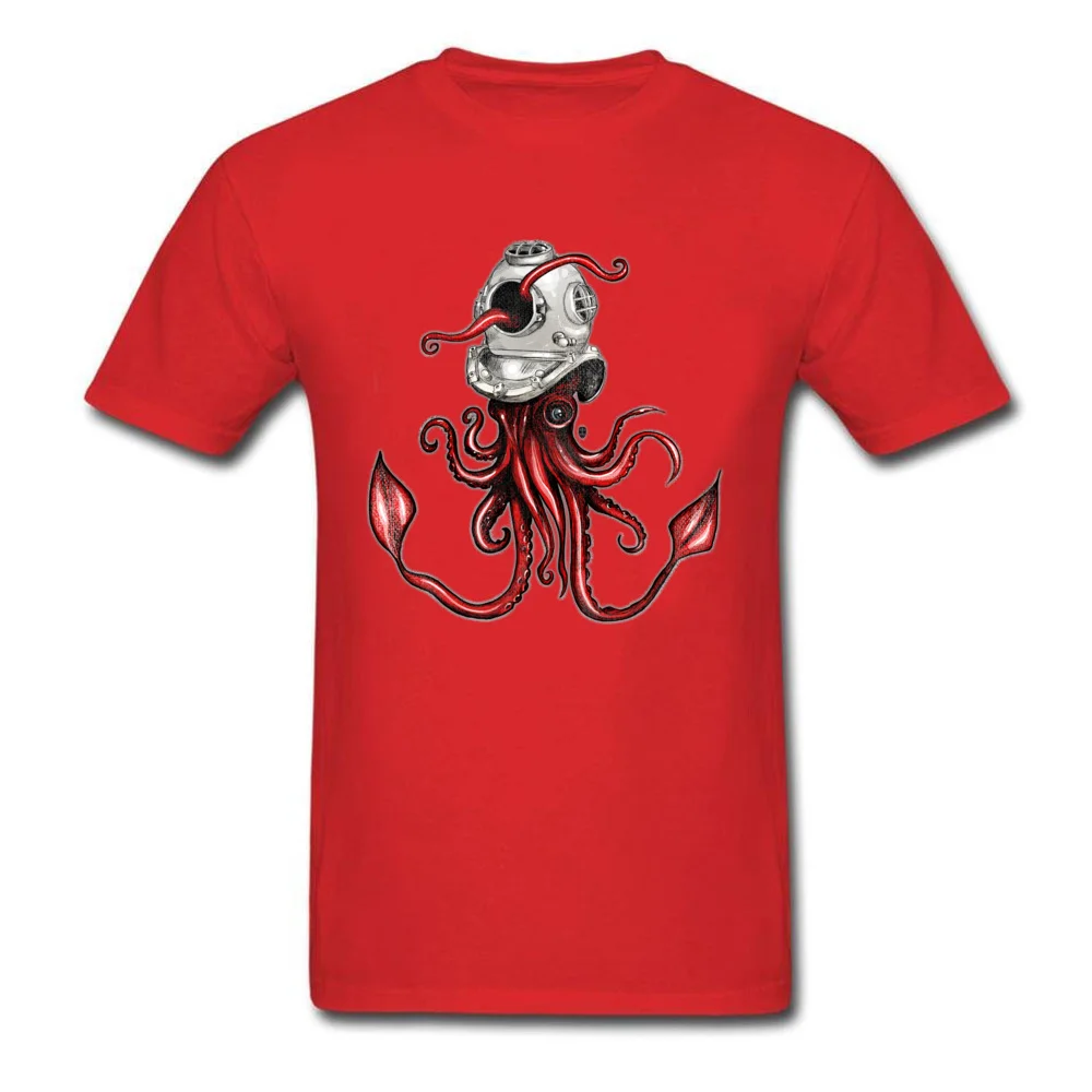 Squid with Diving Helmet 100% Cotton Boy Short Sleeve Tees Print Summer Fall Top T-shirts 3D Printed T-shirts Latest Crew Neck Squid with Diving Helmet red