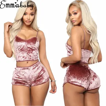

Sexy Women Summer Solid Velvet Pajama Set Spaghetti Strap Camis Crop Top Shorts Underwear Sexy Solid Lingerie Pajamas Panty Sets