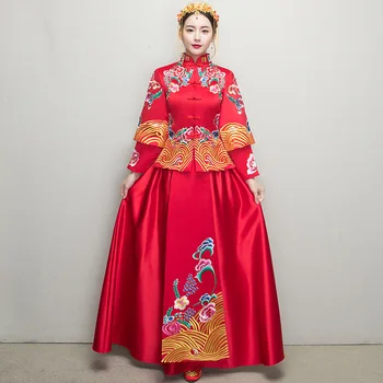 

Overseas Chinese Classic Red Embroidery Formal Wedding Cheongsam Suit Ancient Women Marriage Dress Vintage Beauty Banquet Qipao