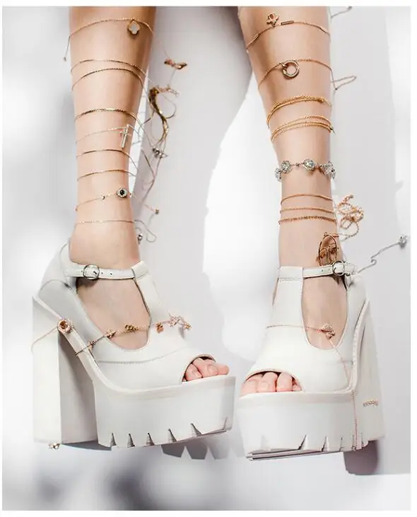 

Attantou Luxury Leather Platform Sandals Ladies T-Strap Street Style High Heel Sandals Women White Chunky Heel Dress Sandals