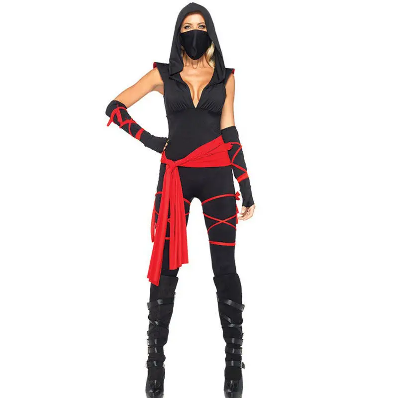 Черный ниндзя воин сексуальный костюм для женщин Хэллоуин нарядное платье