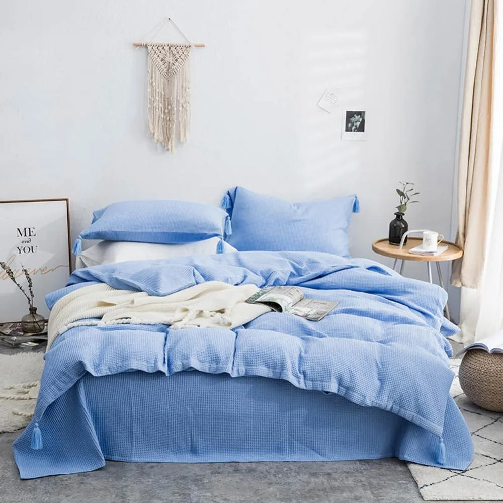 

2019 Blue Solid Waffle Pattern Soft Cotton Bedlinens Bedding Set Queen King Size Duvet Cover Set Bed Sheet Pillowcases