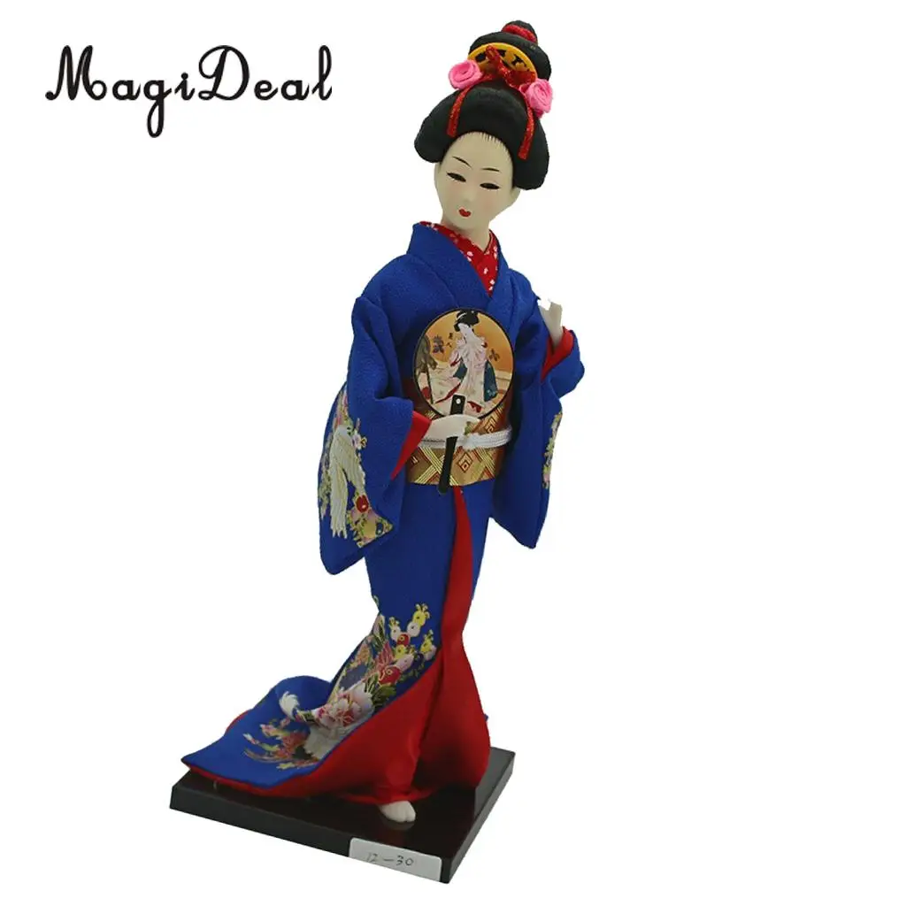 12inch Japanese Kimono Geisha Dolls Kokeshi Crafts Decoration Dark Blue Clothes