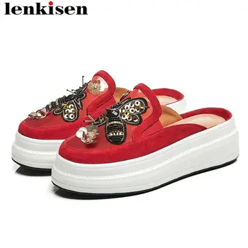 

Lenkisen ethnic style slip on mules round toe loafers kid suede med bottom oriental embroidery platform vulcanized shoes L8f9
