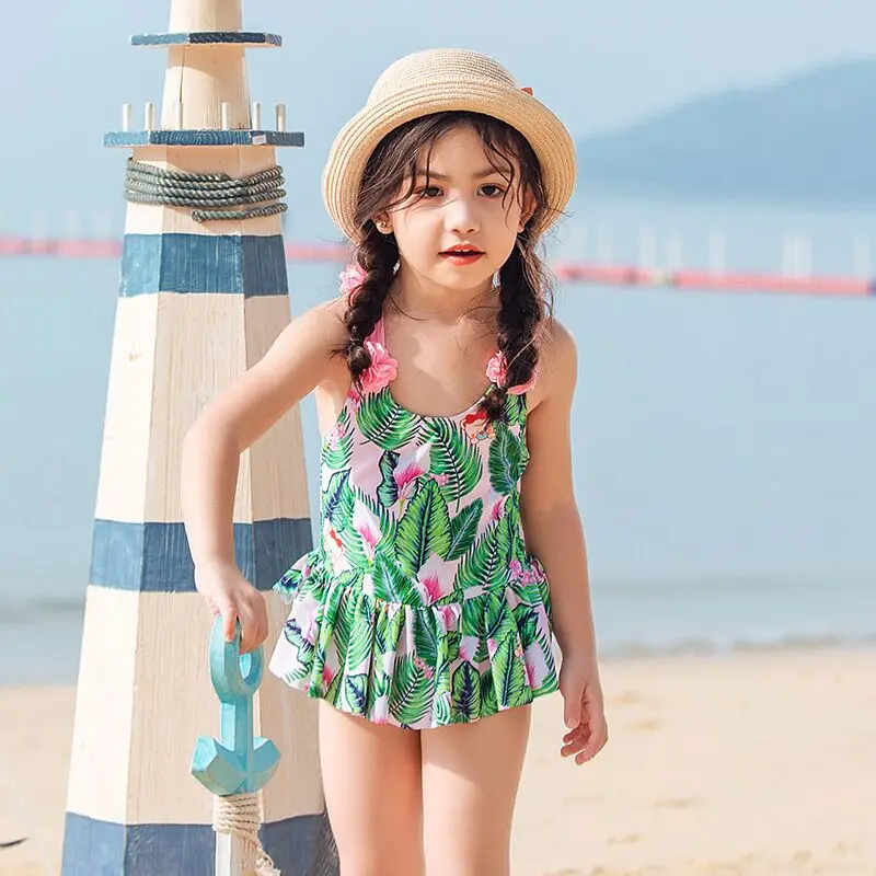 

New One piece swimming suit toddler kids children swimwear beach wear Flowers Print Tropical Palm Summer Swimsuits with Hat
