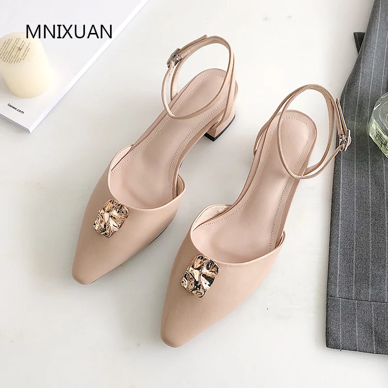

MNIXUAN Korea style fashion elegant summer women sandals shoes 2019 new square toe sheepskin medium heels shallow buckle shoes