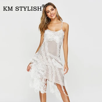 

2019 New Female Sexy Lace Patchwork Embroidery Strapless Ruffles Sequined Elegant Casual Dress Sashes
