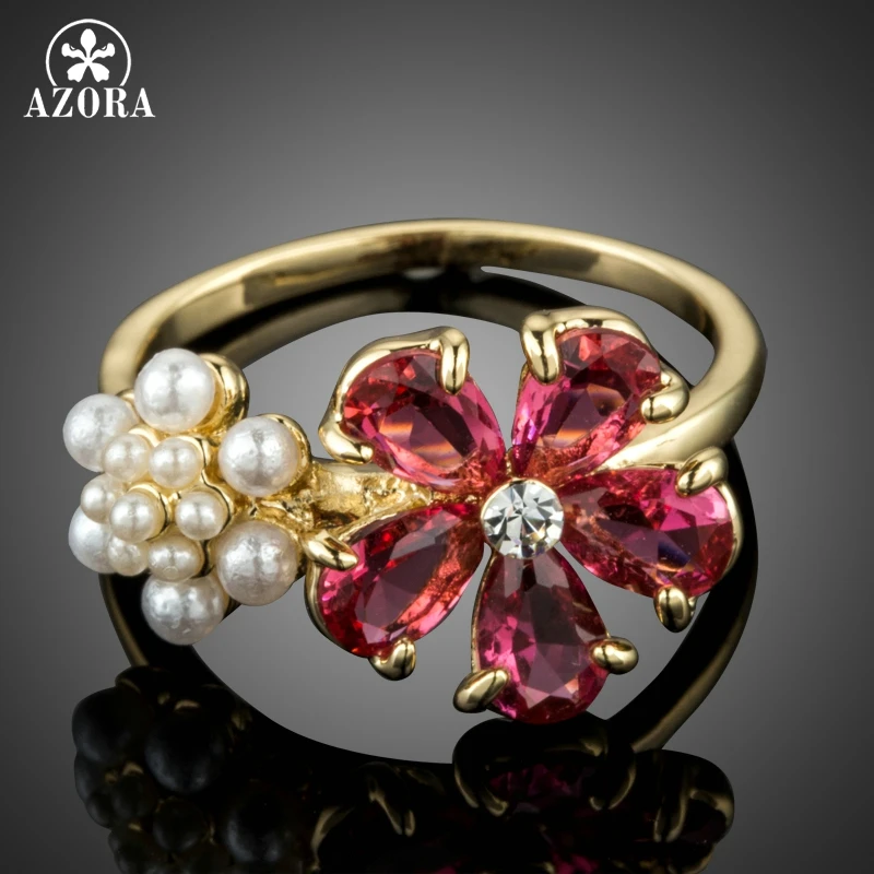

AZORA Gold Color Lovely Red Cubic Zirconia and Tiny Imitation Pearls Flowers Fashion Finger Rings TR0171