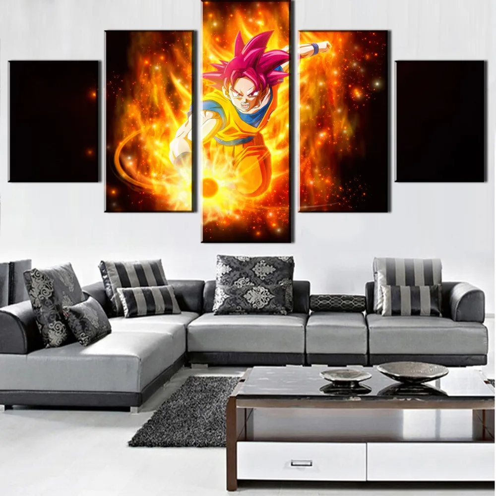 

Modern Decorative Canvas Art Super Saiyan God Dragon Ball Super Poster Goku 5 Pieces Painting On Canvas Room Decoration Framed