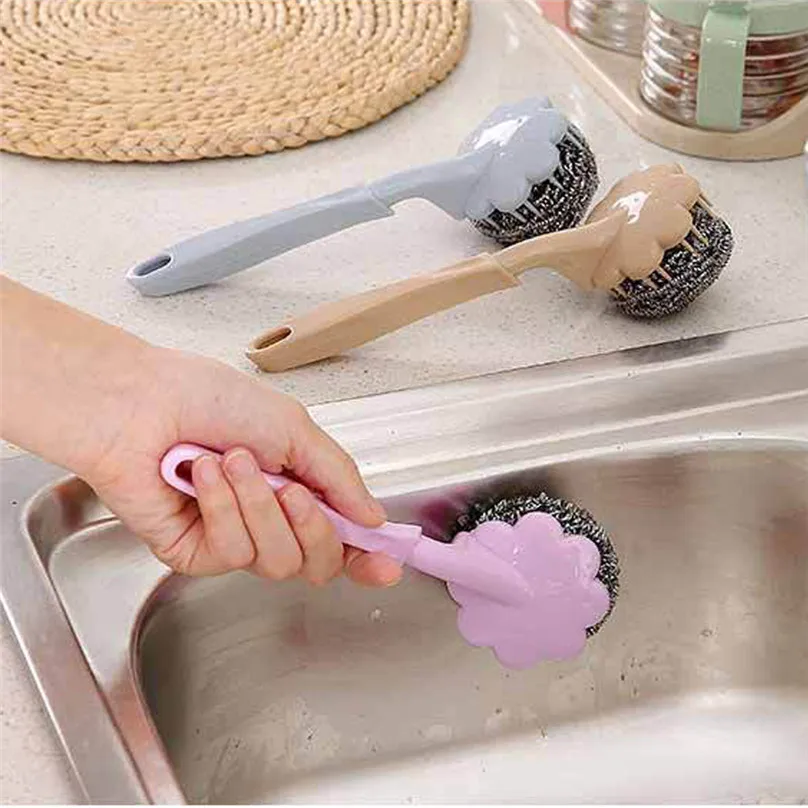 high quality Cleaning Brushes Stainless Steel Wire Ball Washing Pot Brush With Handle Cleaning Ball Brush  #3F14 (8)