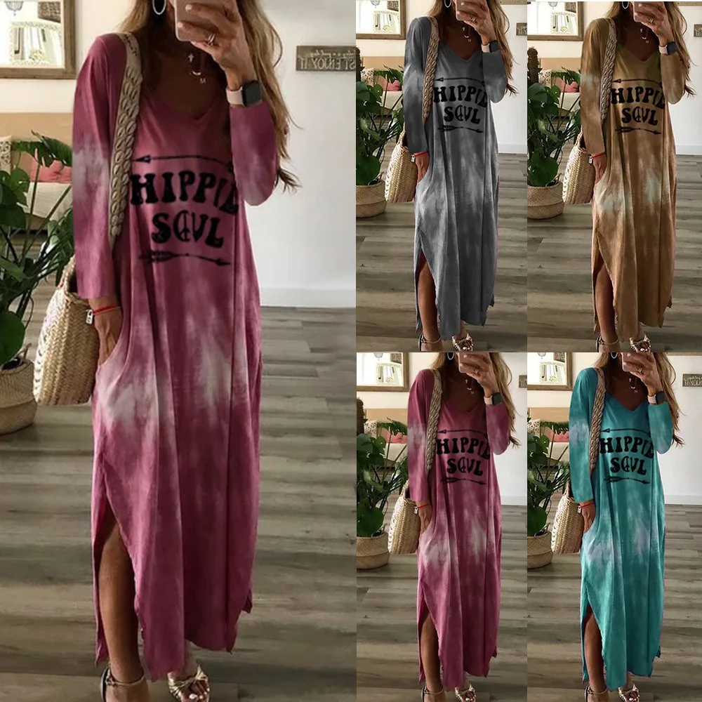 

2019 Autumn Women New Simple V Neck Letter Tie-Dyed Printing Leisure Long Sleeve Dresses Maxi Dress Ladies Vestidos