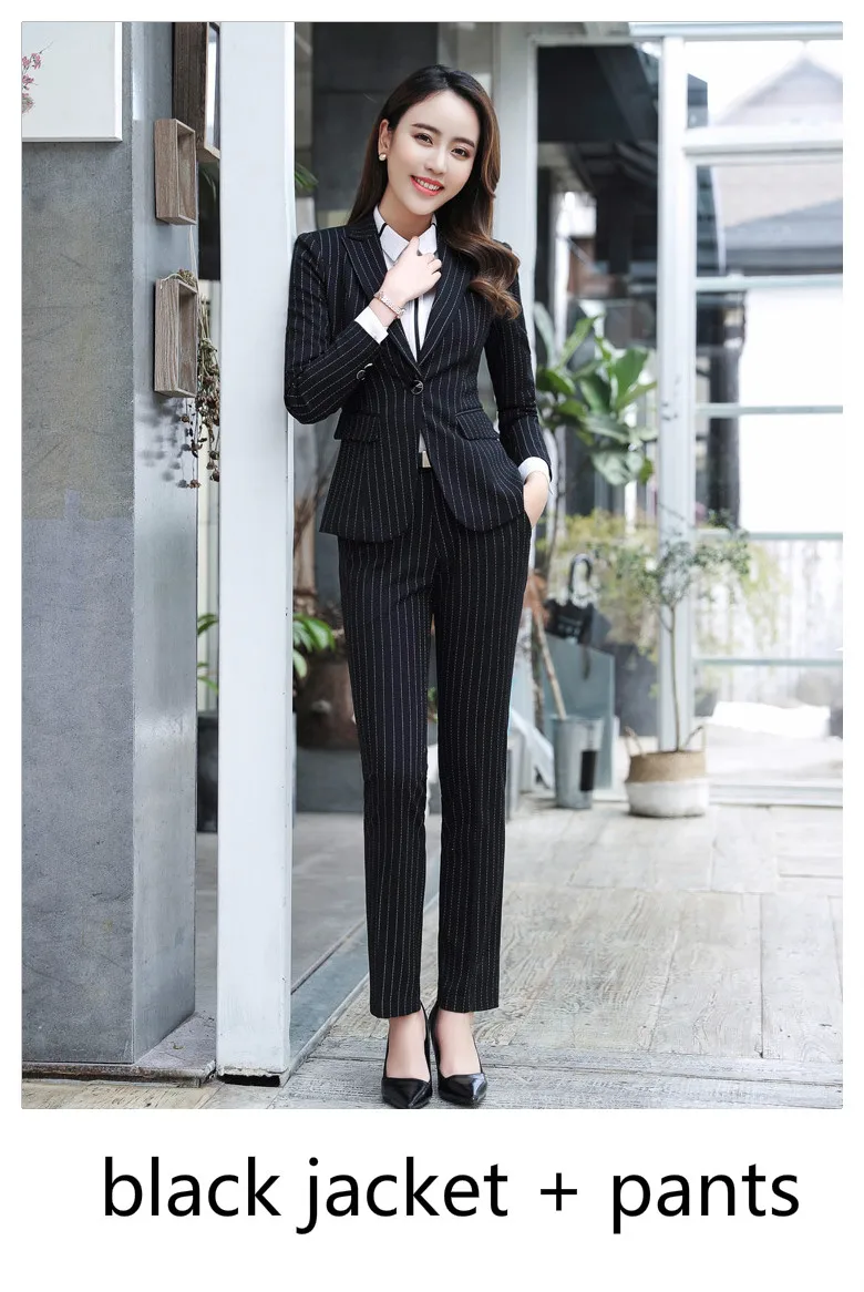 Женский винтажный полосатый Блейзер, куртка с карманами и зубчатым воротником, костюм с длинным рукавом, женская верхняя одежда, модные женские топы Casaco для работы - Цвет: Black Blazer Pants