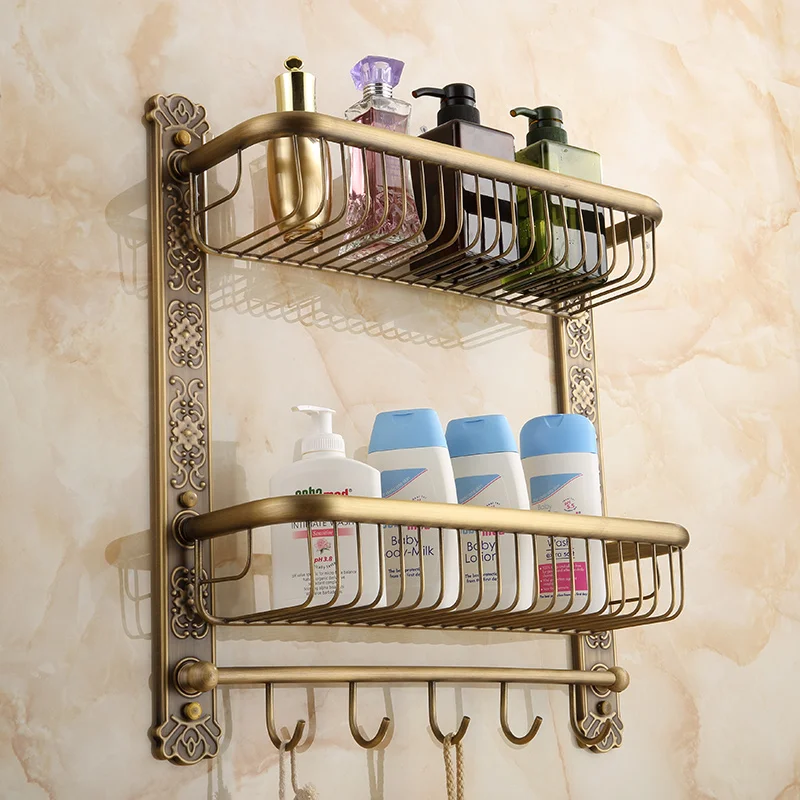 New Arrival Wall Mounted Antique Brass Bathroom Shelf with towel rack