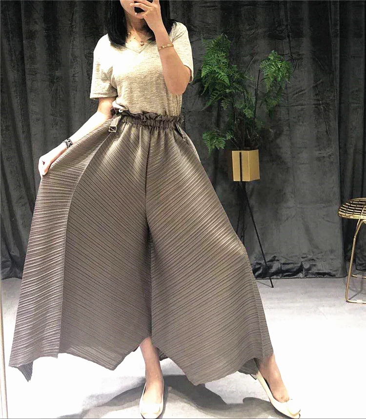 Changpleat новые женские широкие брюки Miyak плиссированные модные дизайнерские свободные однотонные женские брюки с эластичной резинкой на талии размера плюс - Цвет: Khaki