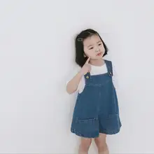 Летние комбинезоны для малышей, детские брюки, джинсы, детские джинсовые штаны на бретелях для девочек, однотонный комбинезон для девочек JW7376