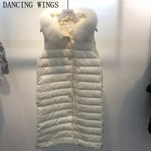 Модные женские жилеты, жилет, натуральный Лисий мех, воротник, пуховик с капюшоном, женский ультра светильник, 90% белый утиный пух, Длинный жилет