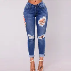 Рваные модные джинсы Для женщин Высокая Талия обтягивающие джинсовые штаны тянущиеся вышивка сексуальные джинсы Для женщин high street