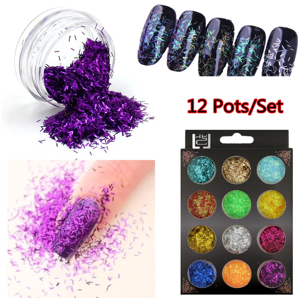 12 Bottles Multi Strip Design Glitter Acrylic Powder Dust For Nails