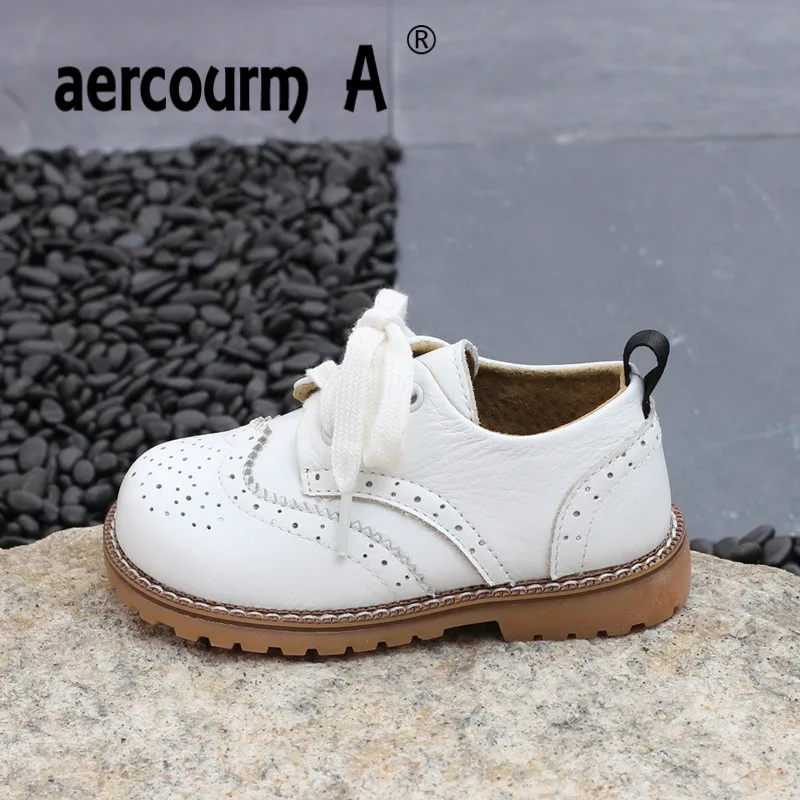 

Aercourm A 2018 Children Genuine Leather Shoes Spring Boys Girls Flat Breathable Shoes Children Solid Color Casual Lacing Shoes