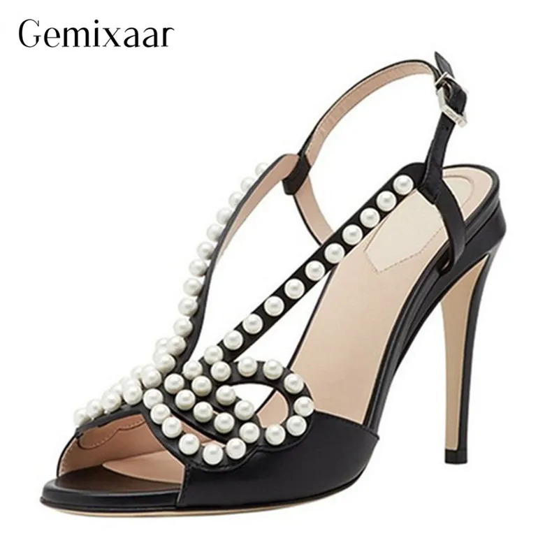 

2019 Summer Mature Woman Shoes Peep Toe THin High Heels Sandalia Feminina Holiday Narrow Black Band Decor Real Pearls Sandals