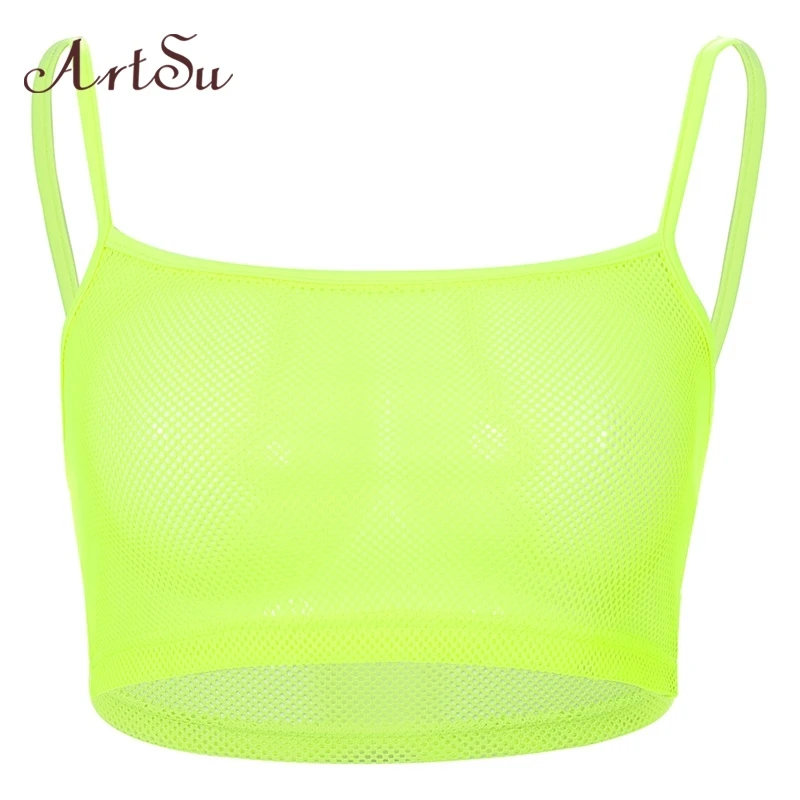 

ArtSu Yellow Neon Crop Top Mesh Sexy Spaghetti Strap Tops Summer Beach Backless Cami Top Vest Boho Streetwear ASVE20760