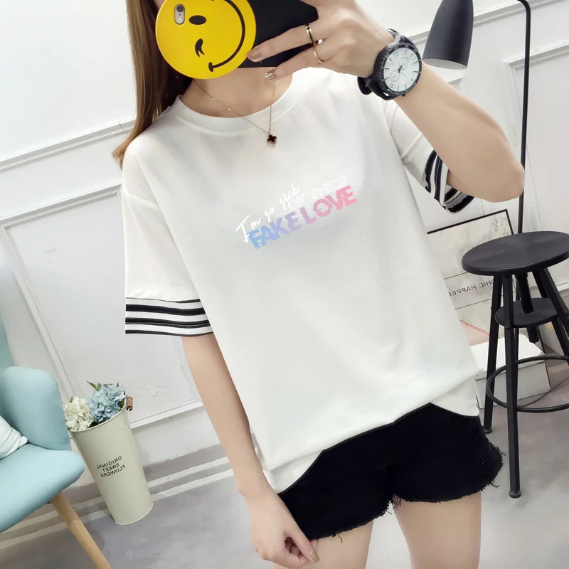 

Women Summer New Tee Shirt Kpop O-Neck Letter Print Short-sleeved Fashion Patchwork T-Shirt Female Harajuku Ulzzang Streetwear