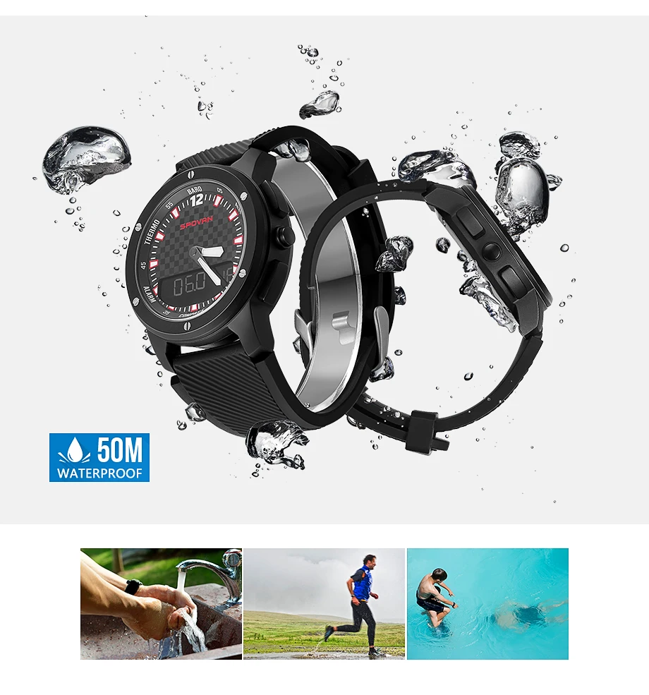 Новая мода SPOVAN GEMINI мужские спортивные часы двойной дисплей наручные часы светодиодный подсветка 5ATM Водонепроницаемые многофункциональные мужские часы