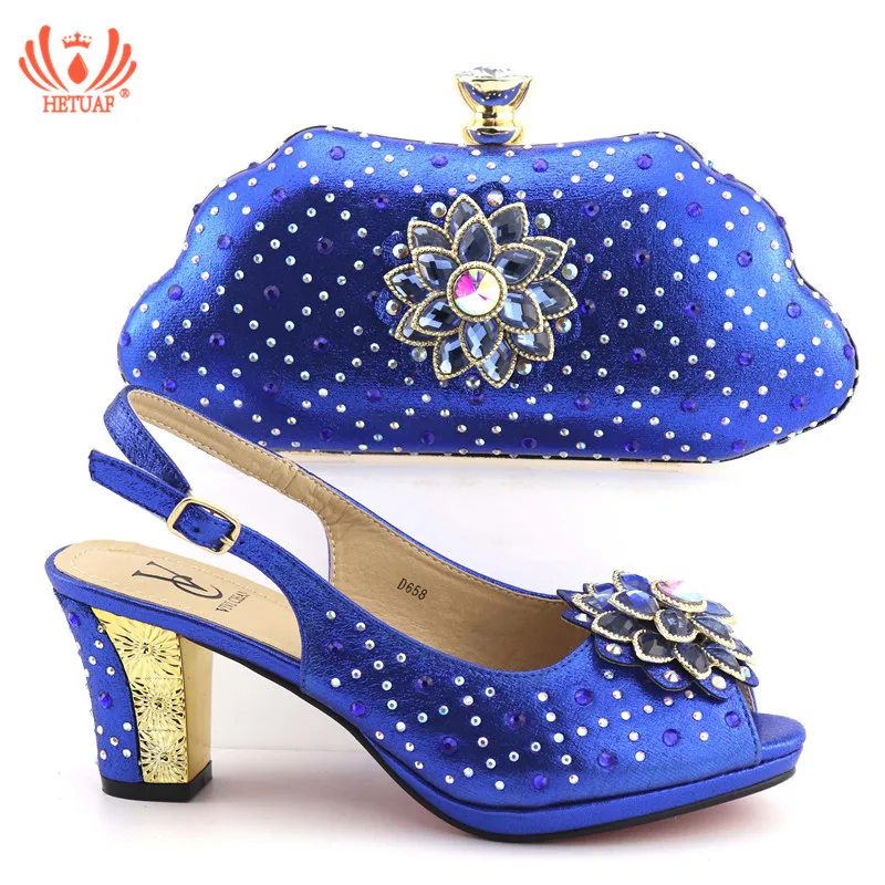 

Italian Shoes and Bags To Match Party Shoes with Bag Set Decorated with Rhinestone Nigerian Women Wedding Shoes set Royal Blue