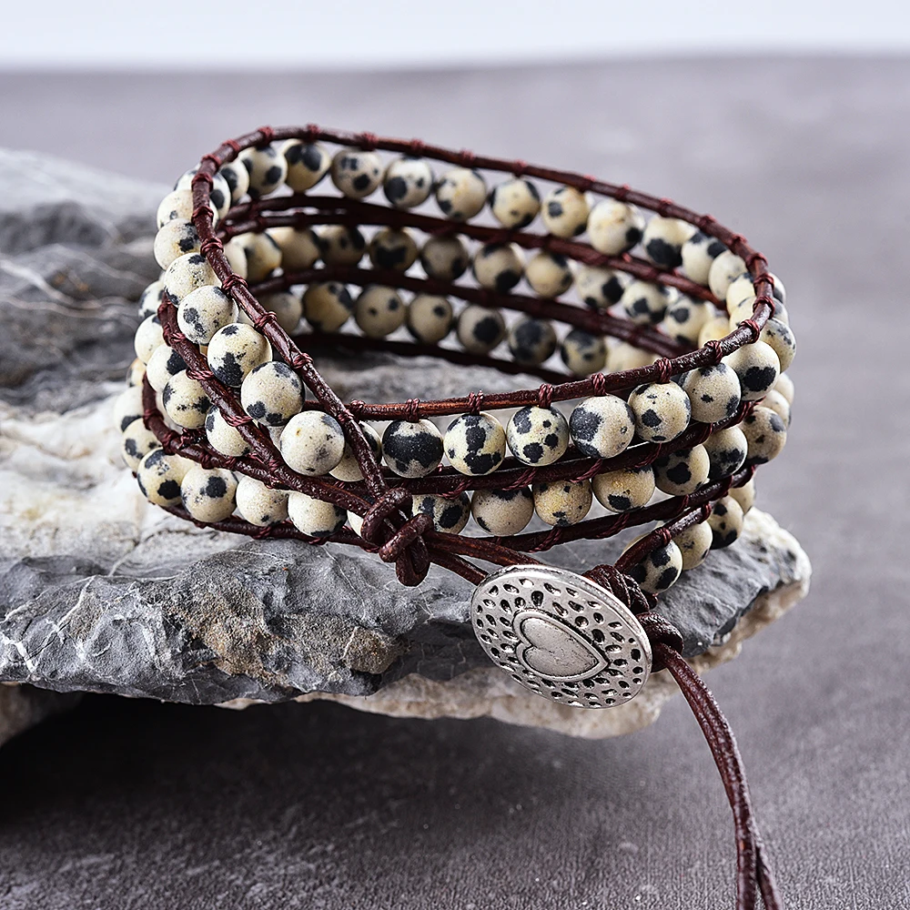 

Asingeloo Natural Matte Stone 6mm Dalmatian Beads Leather Bracelets 3 Wraps Handmade Vintage Jewelry Bracelet for Women