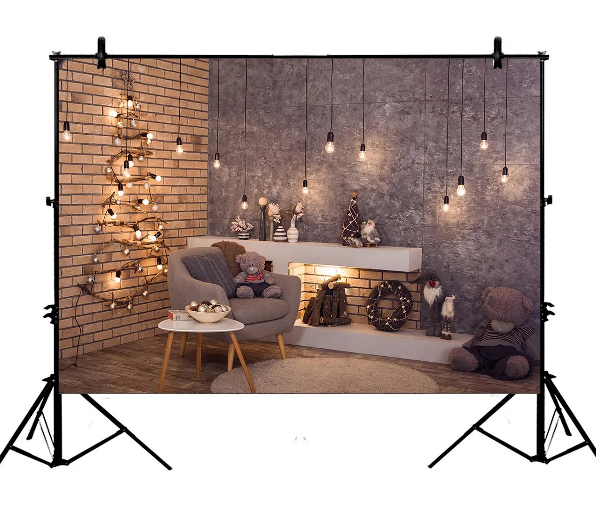

5x7ft Christmas Lamp Bulbs Garland Firewoods Toys Sofa Brick Polyester Photo Background Portrait Backdrop