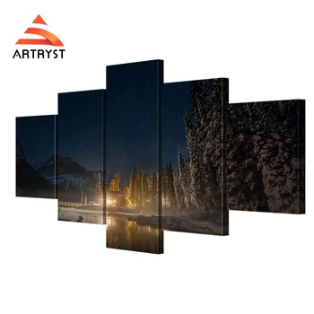 

5 Panel Modular Canada Emerald Lake Night Natural Landscape HD Print On Canvas Modern Home Decor Canvas Painting For Living room