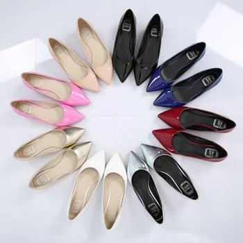 

2018 NEW spring/Summer Pointed toe 8Color OL high quality Low heel pumps japanned leather shallow mouth shoes plus size 36 - 43