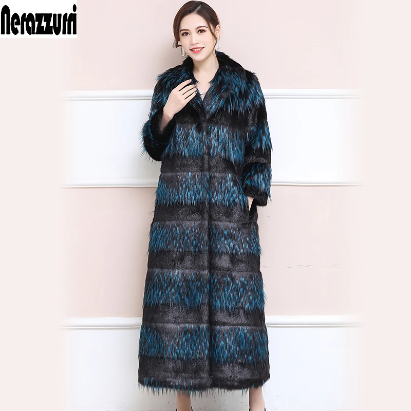 

Nerazzurri Faux Fur Coat Winter Women 2019 Extra Long Hairy Duster Striped Overcoat Fluffy Plus Size Fake Fox Fur 5xl 6xl 7xl