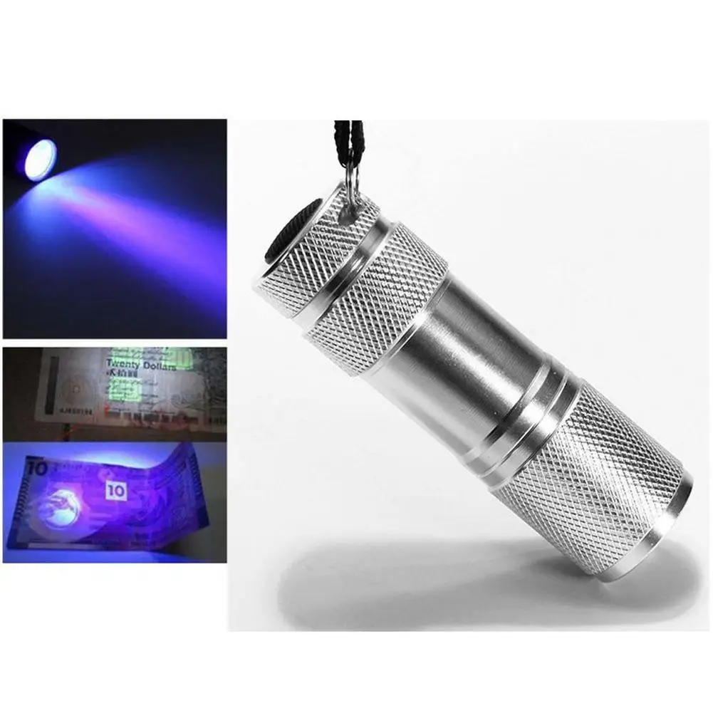 9LED алюминиевый УФ ультрафиолетовый фонарик фиолетовый свет лампа AAA