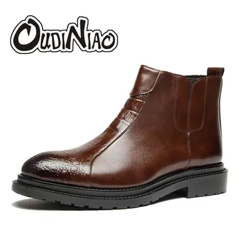

OUDINIAO Crocodile British Fashion Classic Pointed Toe Ankle Men Boots Sewing Vintage Zip Design Casual Solid Boots Men Black