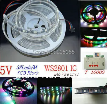 

5M WS2801 Digital Addressable RGB LED magic Color Strip 32LED/M Pixel DC5V PCB Black IP67 waterproof+SD CARD controller T-1000S