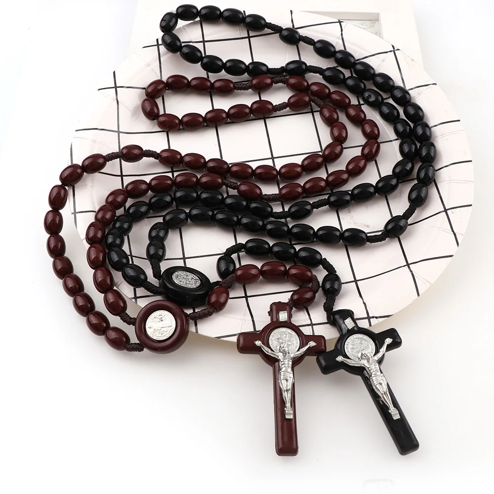 2 цвета, бусы из смолы, ожерелье с четками, медаль Святого Бенедикта, крест Иисуса, ожерелье с кулоном, католические модные религиозные украшения