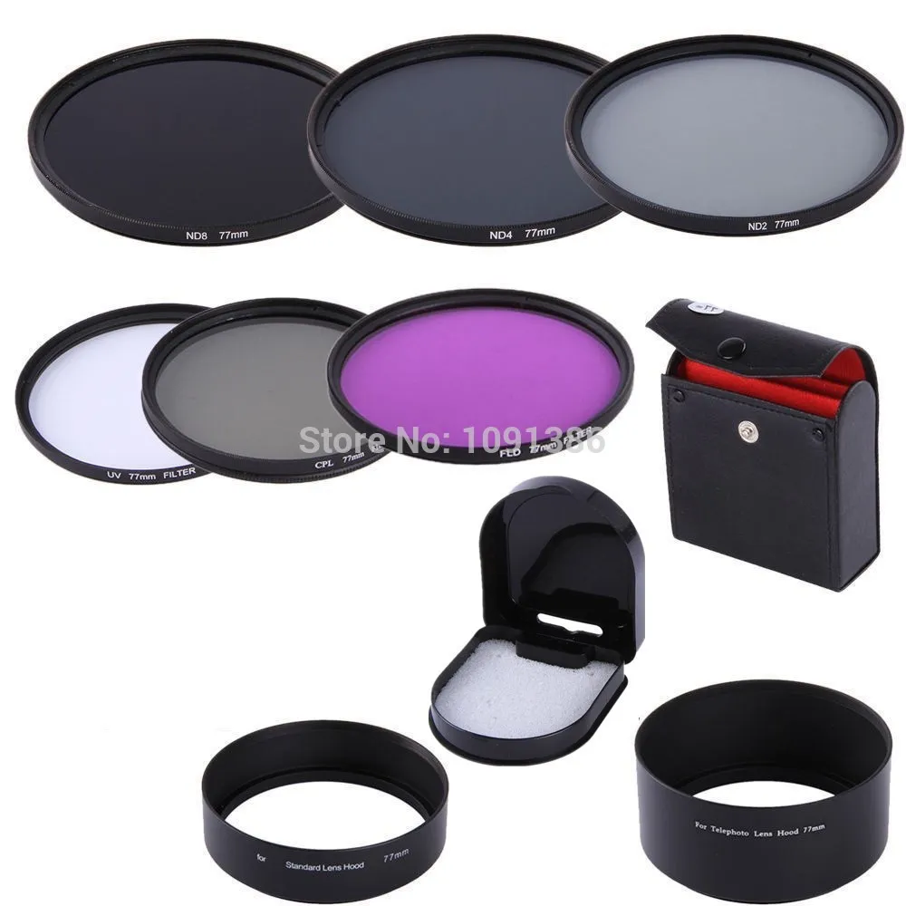 77mm UV CPL FLD ND2 ND4 ND8 Filter + 77 mm standard metal Hood