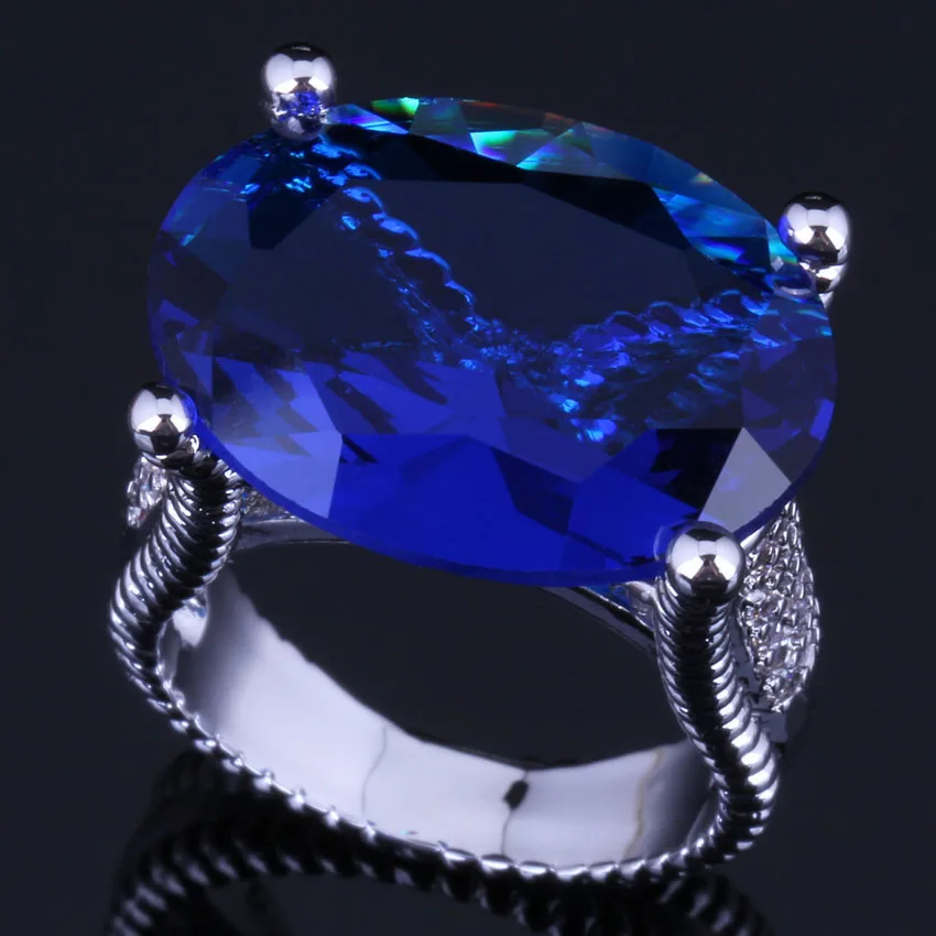 Distinctive Huge Oval Egg Blue Cubic Zirconia Silver Plated Ring V0573 | Украшения и аксессуары