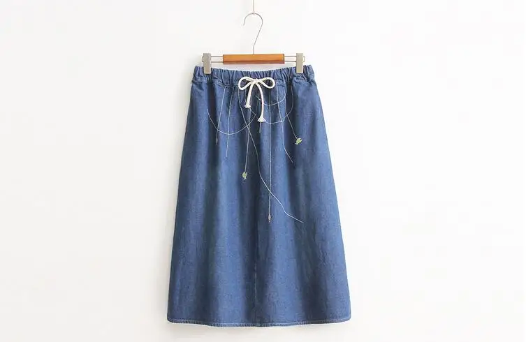 Женская юбка с эластичной резинкой на талии, с рисунком спереди, милая джинсовая юбка-трапеция до середины икры с милым рисунком, ковбойская синяя вышивка