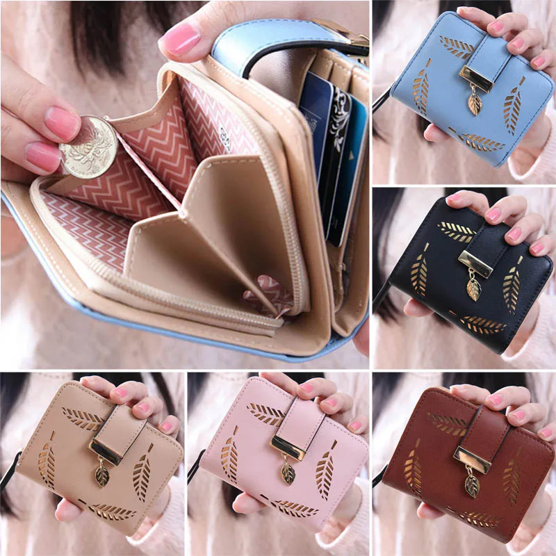 

New Fashion Female Wallet Short Paragraph Hollow Gold Leaf Small Wallet Large Capacity Wallet Women Luxury Brand Ladies Purses