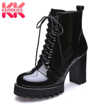 

KemeKiss Brand Cow Leather Genuine Leather Women Ankle Boots Fashion Platform High Heels Shoelaces Boots Woman Shoes Size 35-41