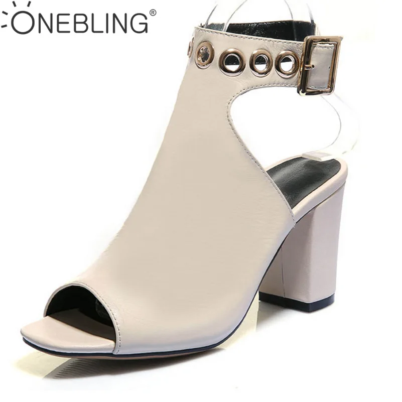 

Beige Black Summer Women Ankle Sandals Genuine Leather Pumps Hollow Buckle Strap Thick High Heel Sandals Fashion Peep Toe
